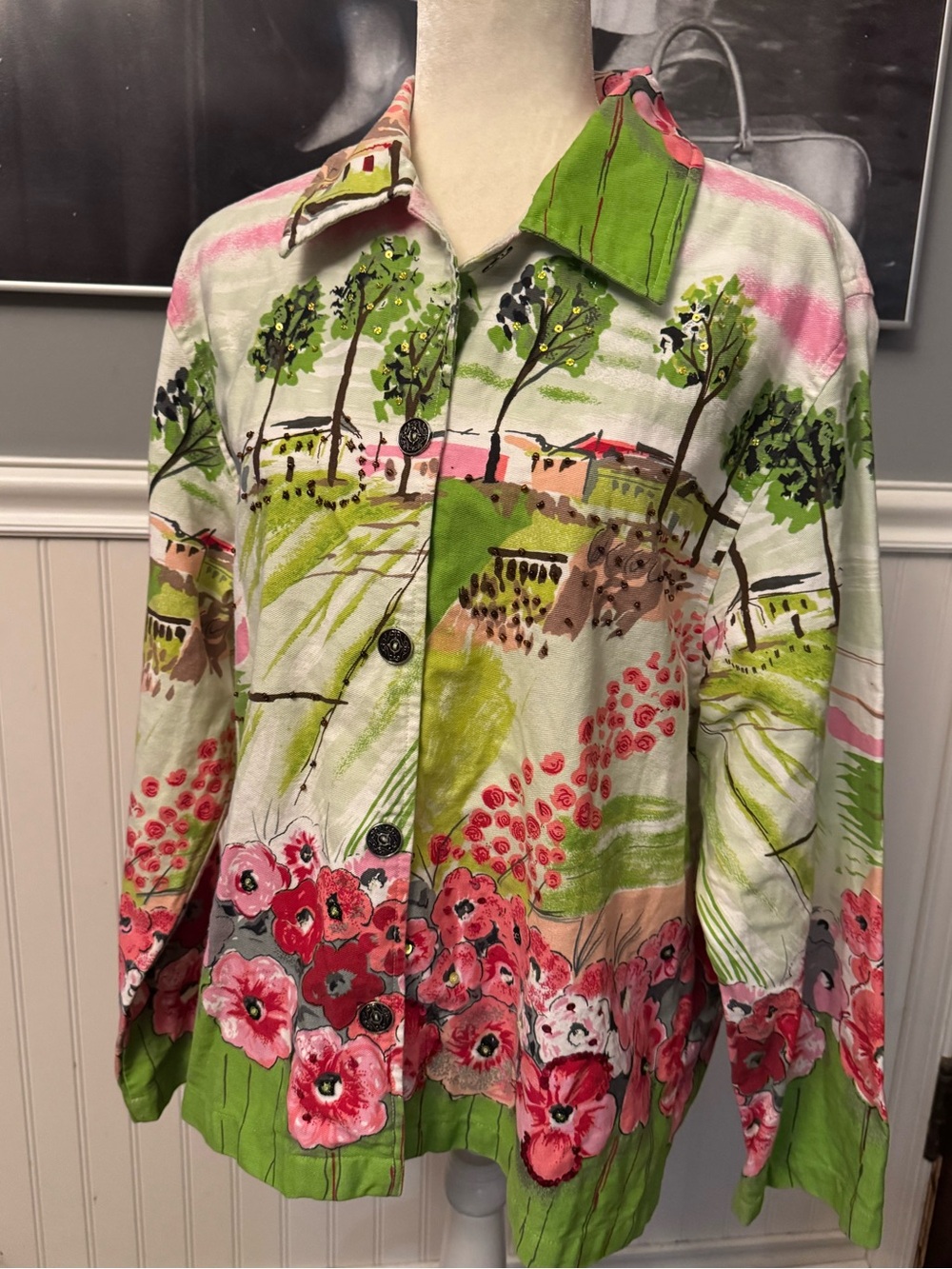 Keren Hart Green Pink Cotton Button Up Jacket Colorful Floral Vintage Size XL